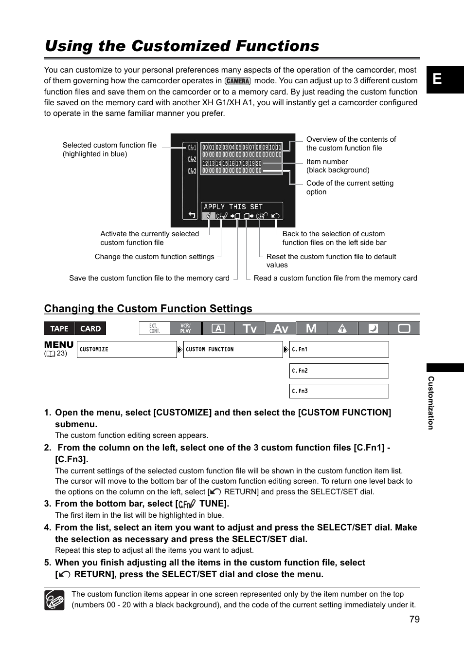 Using the customized functions, Changing the custom function settings | Canon XH A1 User Manual | Page 79 / 159