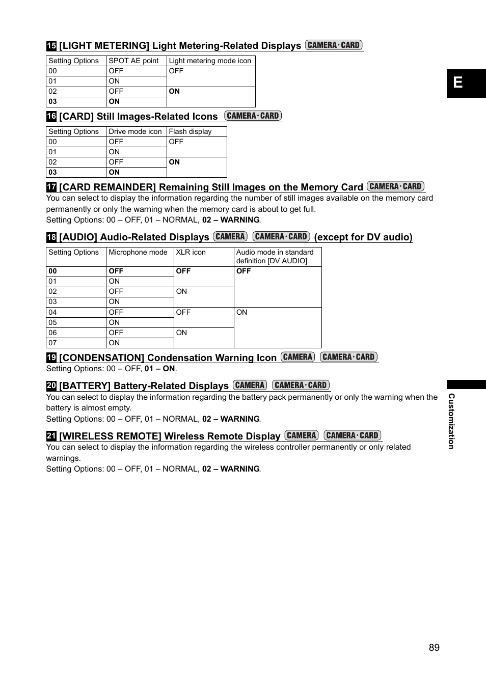 Battery] battery-related displays, Wireless remote] wireless remote display | Canon XH A1 User Manual | Page 89 / 159