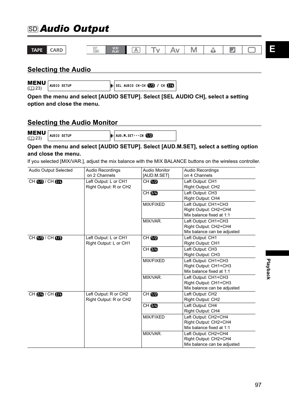Audio output, Selecting the audio, Selecting the audio monitor | Menu | Canon XH A1 User Manual | Page 97 / 159
