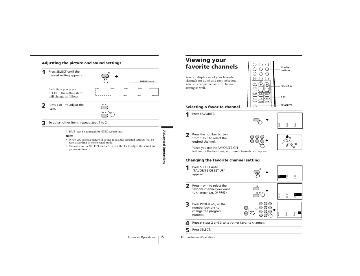 Viewing your favorite channels, Rm-952, Adjusting the picture and sound settings | Selecting a favorite channel, Changing the favorite channel setting | Sony Trinitron KV-2199XDK User Manual | Page 14 / 47
