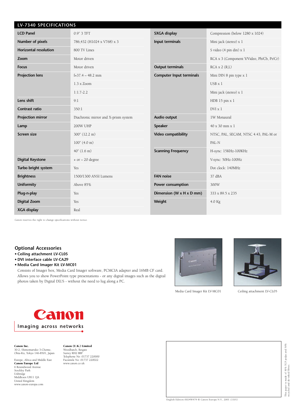Optional accessories | Canon LV-7340 User Manual | Page 6 / 6