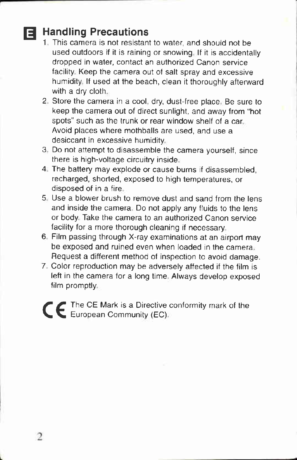 Handling precautions | Canon AF-8 User Manual | Page 2 / 72