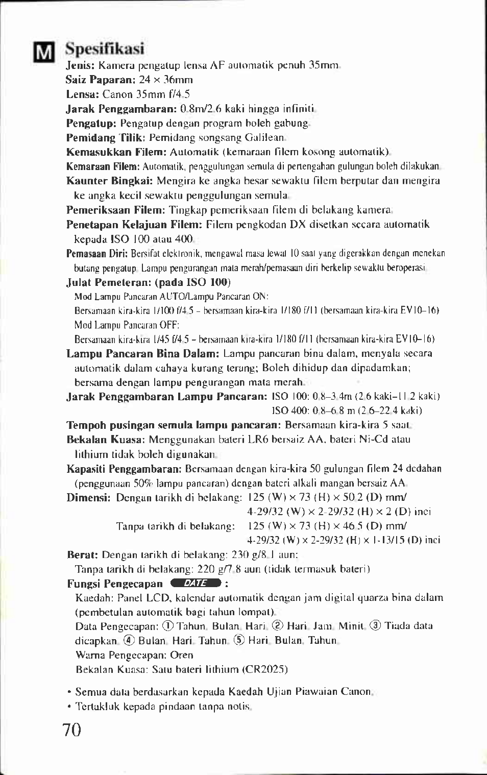 Spt'sifikasi | Canon AF-8 User Manual | Page 70 / 72