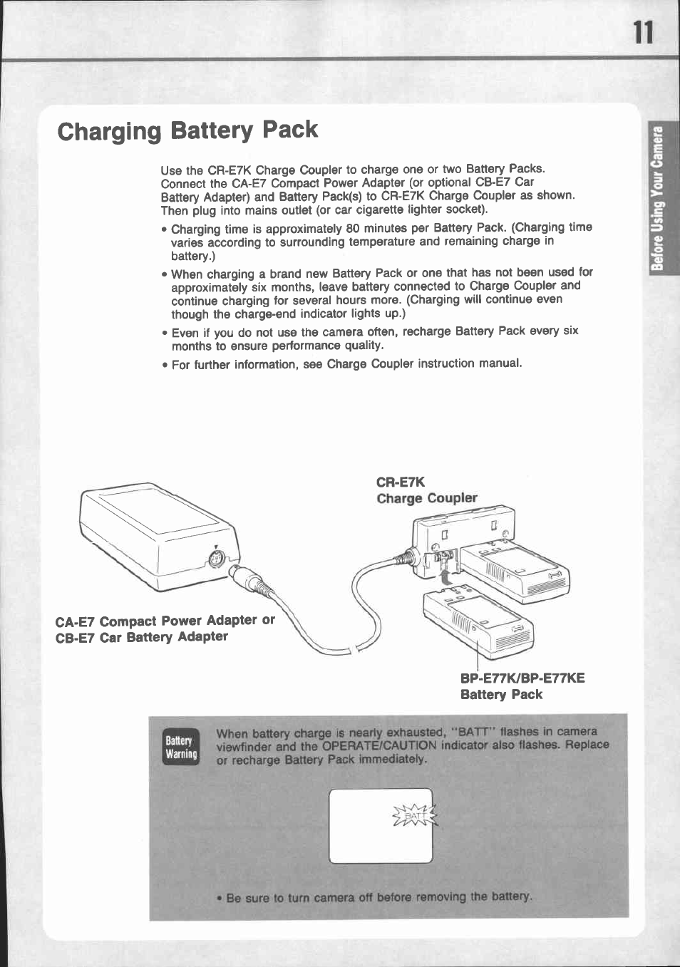 Charging battery pack | Canon E 77 User Manual | Page 13 / 65