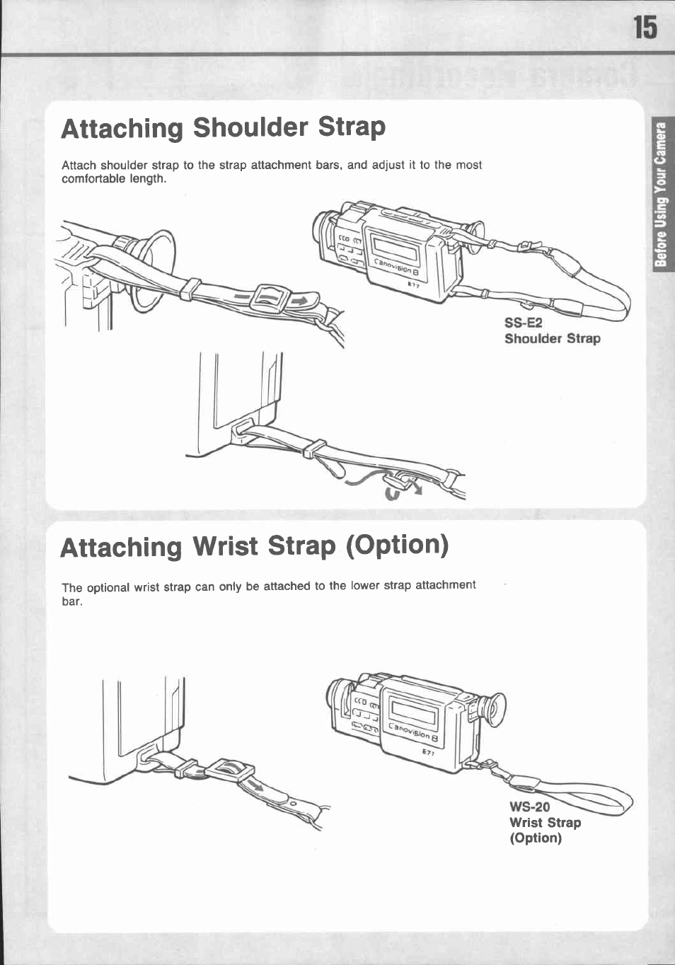 Attaching shoulder strap, Attaching wrist strap (option) | Canon E 77 User Manual | Page 17 / 65