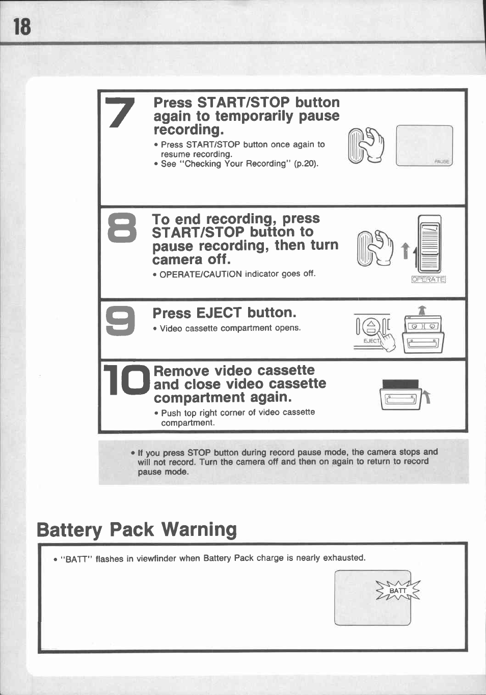 Battery pack warning | Canon E 77 User Manual | Page 20 / 65