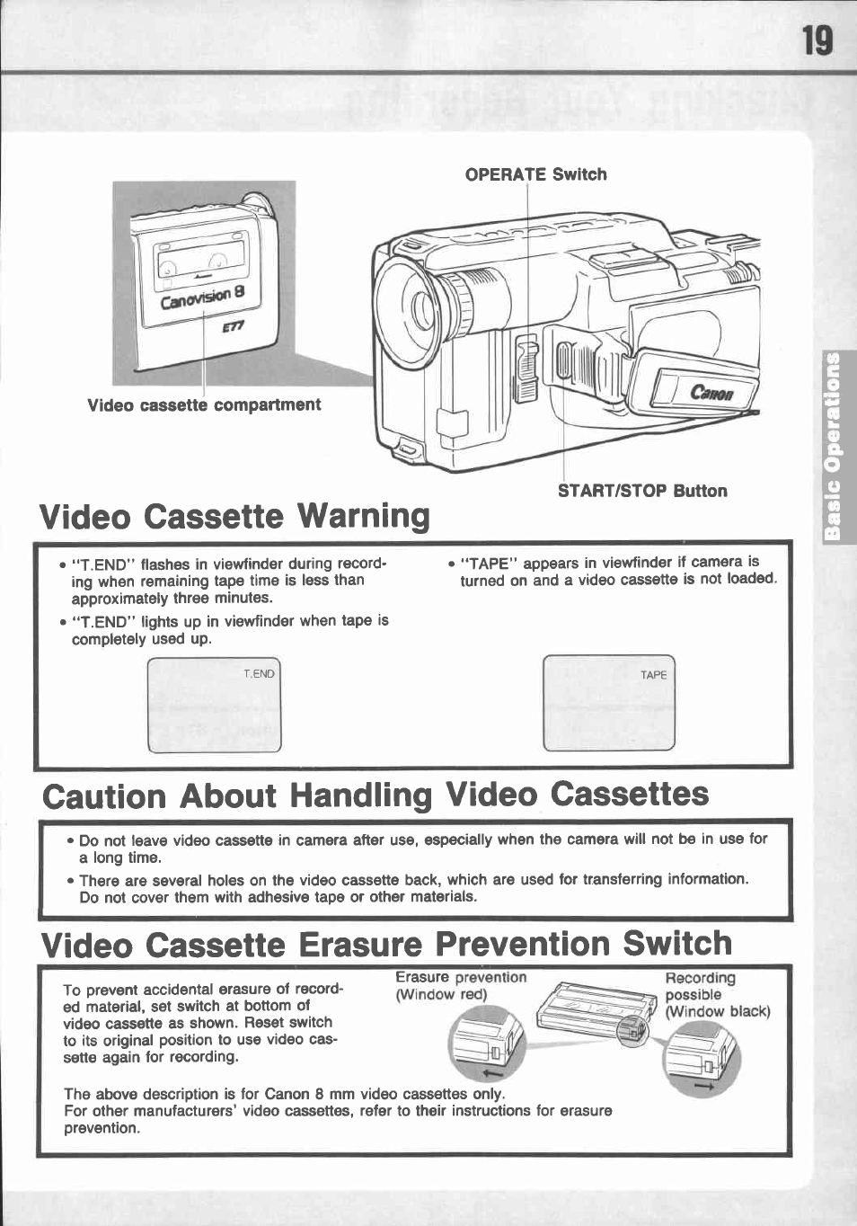 Video cassette warning, Caution about handling video cassettes, Video cassette erasure prevention switch | Canon E 77 User Manual | Page 21 / 65