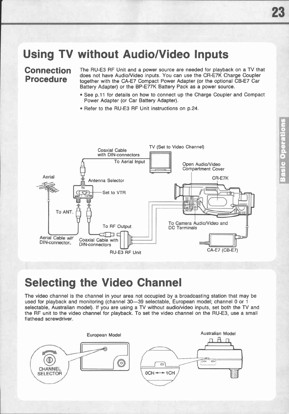 Using tv without audio/video inputs, Selecting the video channel, Connection procedure | Canon E 77 User Manual | Page 25 / 65
