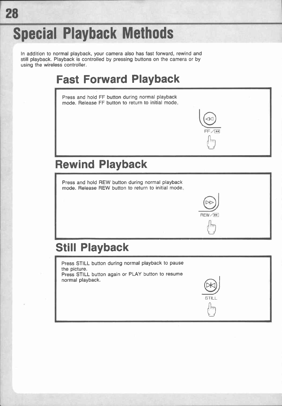 Special playback methods, Fast forward playback, Rewind playback | B still playback | Canon E 77 User Manual | Page 30 / 65