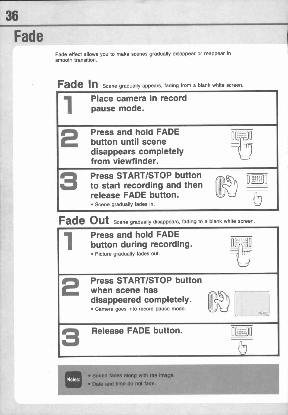 Fade, Fade in, Fade out | Canon E 77 User Manual | Page 38 / 65