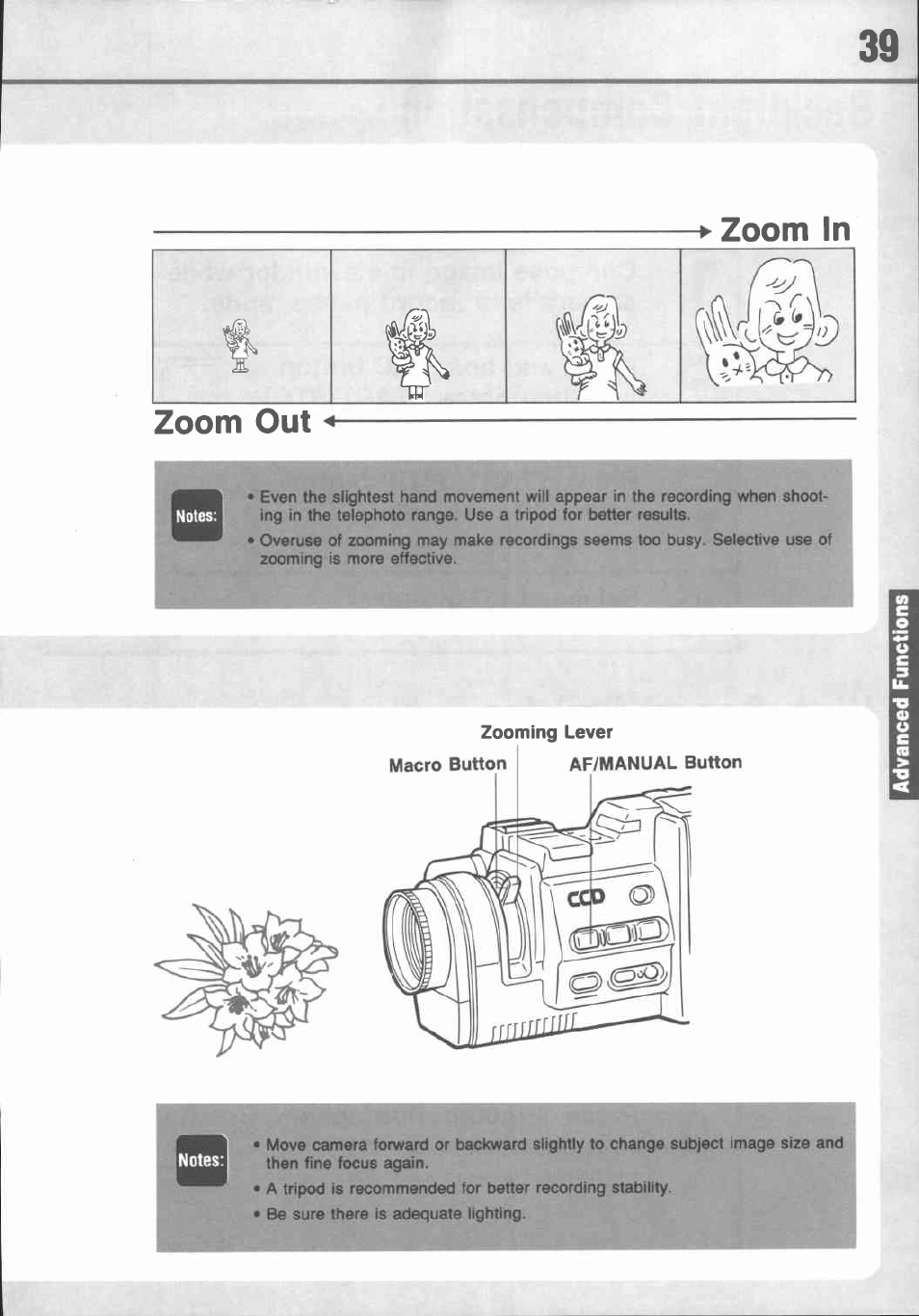 Zooming, Macro recording, Power zoom | Manual zoom | Canon E 77 User Manual | Page 41 / 65