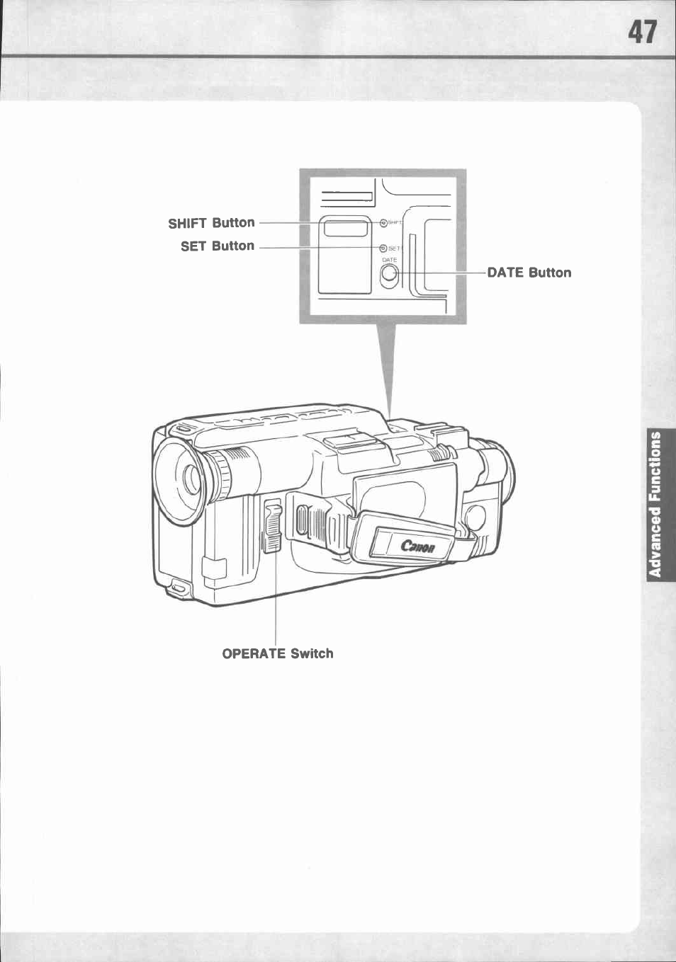Auto dsto ond timo, Setting date and time | Canon E 77 User Manual | Page 49 / 65