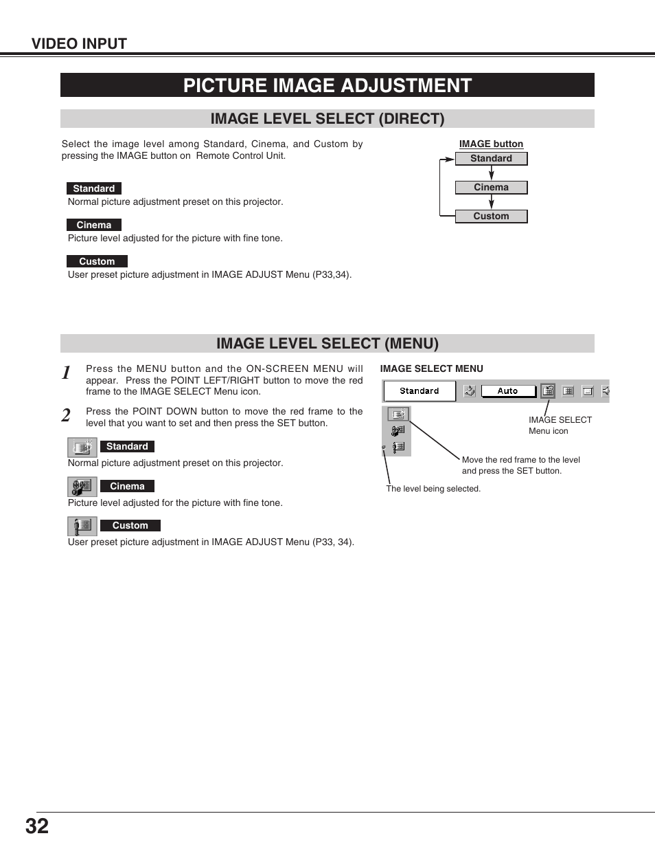 Picture image adjustment, Video input, Image level select (menu) | Image level select (direct) | Canon LV-X2 User Manual | Page 32 / 44