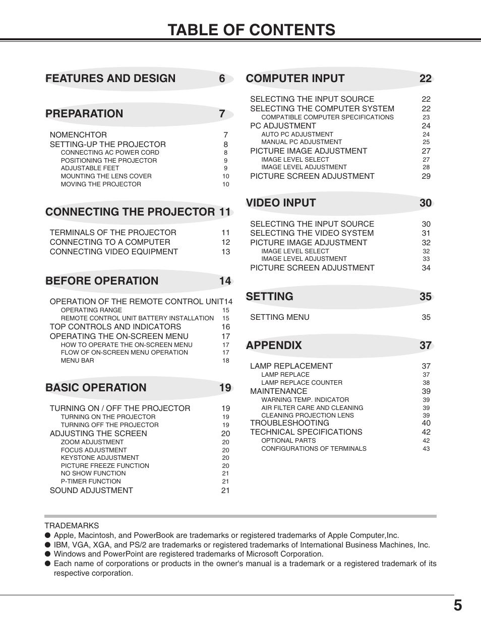 5table of contents, Connecting the projector 11, Basic operation 19 | Canon LV-X2 User Manual | Page 5 / 44