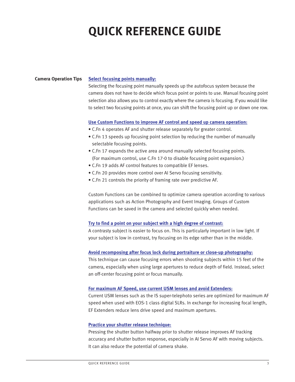 Quick reference guide | Canon EOS-1 User Manual | Page 3 / 35