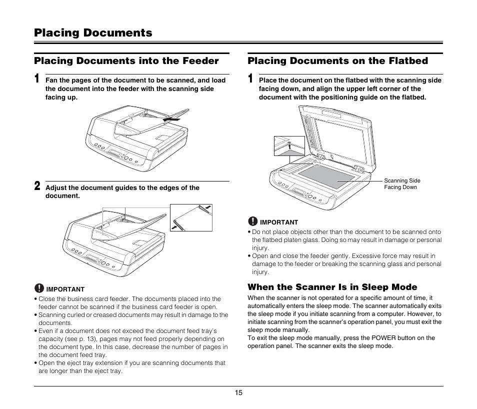 Placing documents, Placing documents into the feeder, Placing documents on the flatbed | Canon DR-2020U User Manual | Page 19 / 40