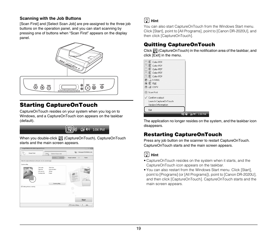 Starting captureontouch, Quitting captureontouch, Restarting captureontouch | Canon DR-2020U User Manual | Page 23 / 40