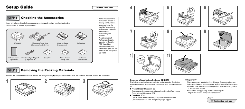 Setup guide, Checking the accessories, Removing the packing materials | Canon DR-2020U User Manual | Page 3 / 40