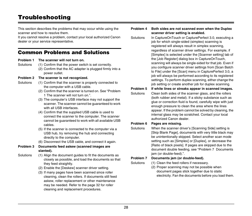 Troubleshooting, Common problems and solutions | Canon DR-2020U User Manual | Page 32 / 40