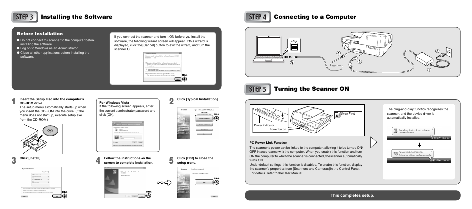 Connecting to a computer installing the software, Turning the scanner on | Canon DR-2020U User Manual | Page 4 / 40