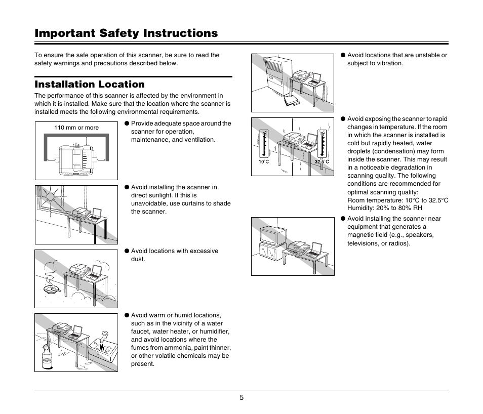 Important safety instructions, Installation location | Canon DR-2020U User Manual | Page 9 / 40