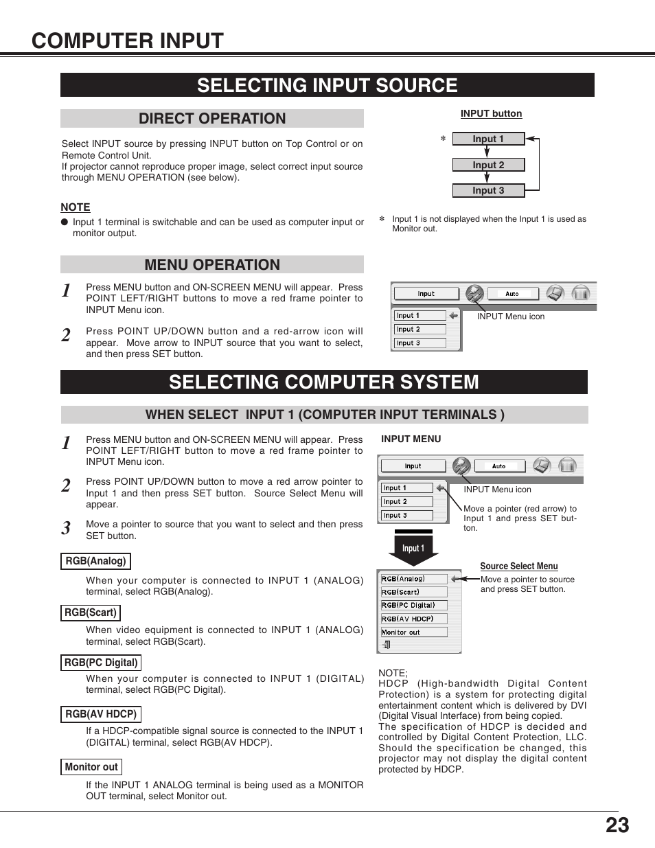 23 computer input, Selecting input source, Selecting computer system | Direct operation, Menu operation | Canon LV-7565F User Manual | Page 23 / 56