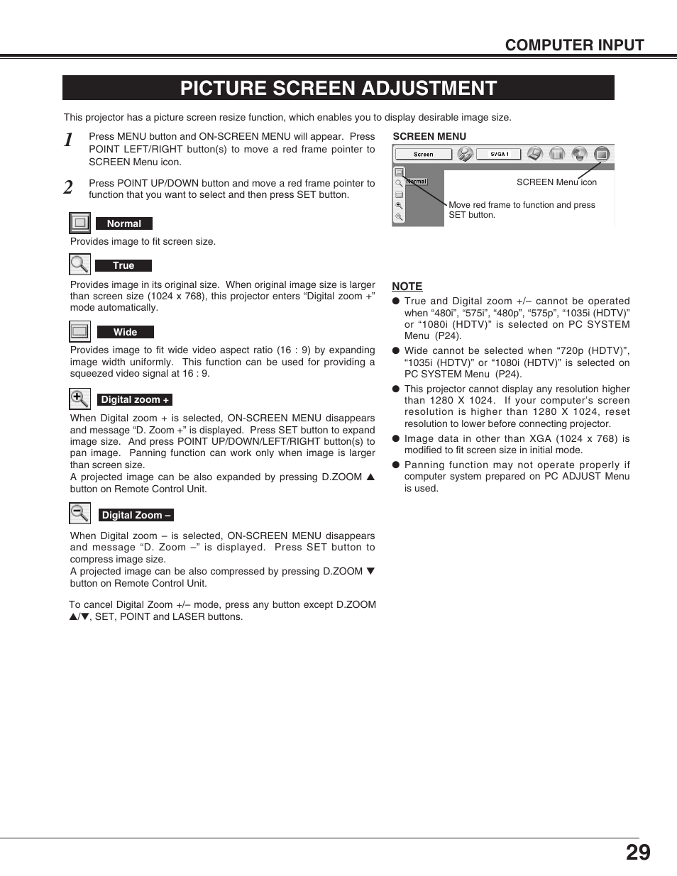 Picture screen adjustment, Computer input | Canon LV-7565F User Manual | Page 29 / 56