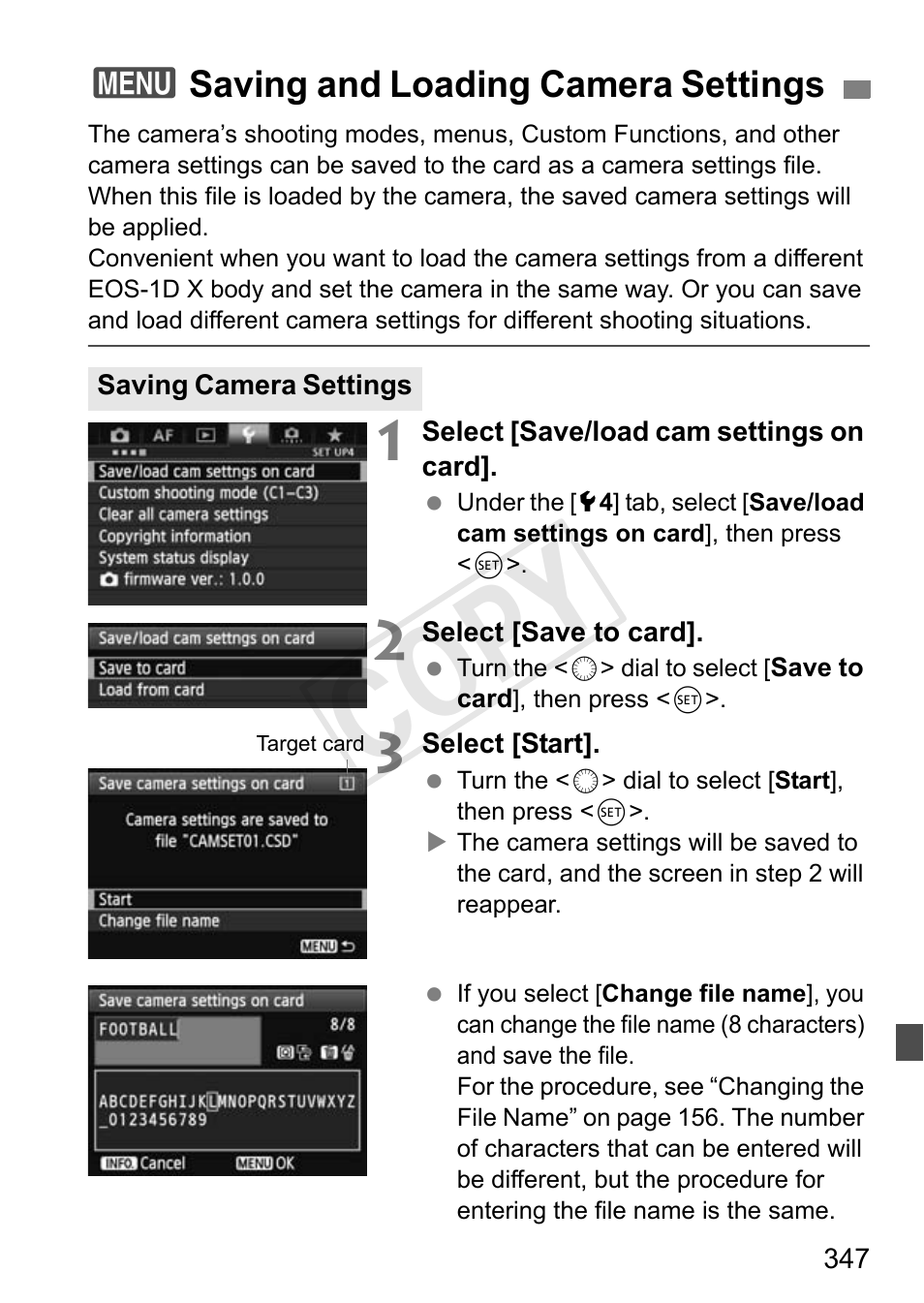 Saving and loading camera settings, P.347, Cop y | Canon 1D X User Manual | Page 347 / 420