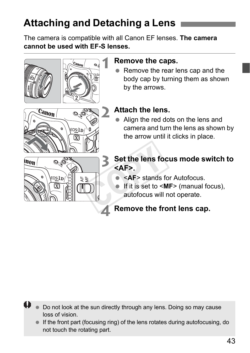 Attaching and detaching a lens, P.43, Cop y | Canon 1D X User Manual | Page 43 / 420