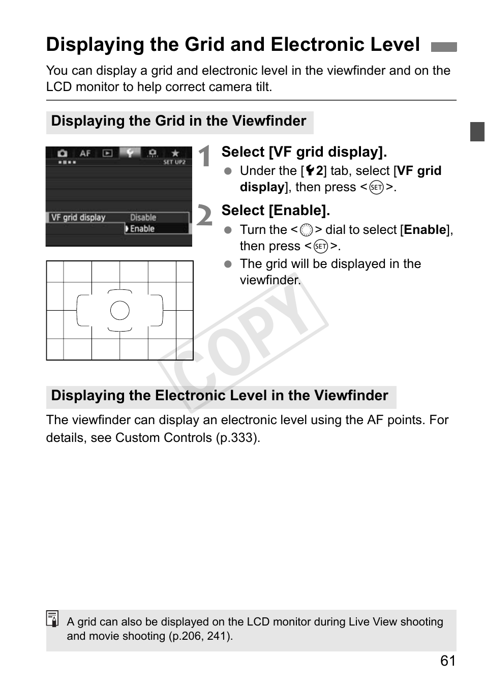 Displaying the grid and electronic level, P.61, Cop y | Canon 1D X User Manual | Page 61 / 420
