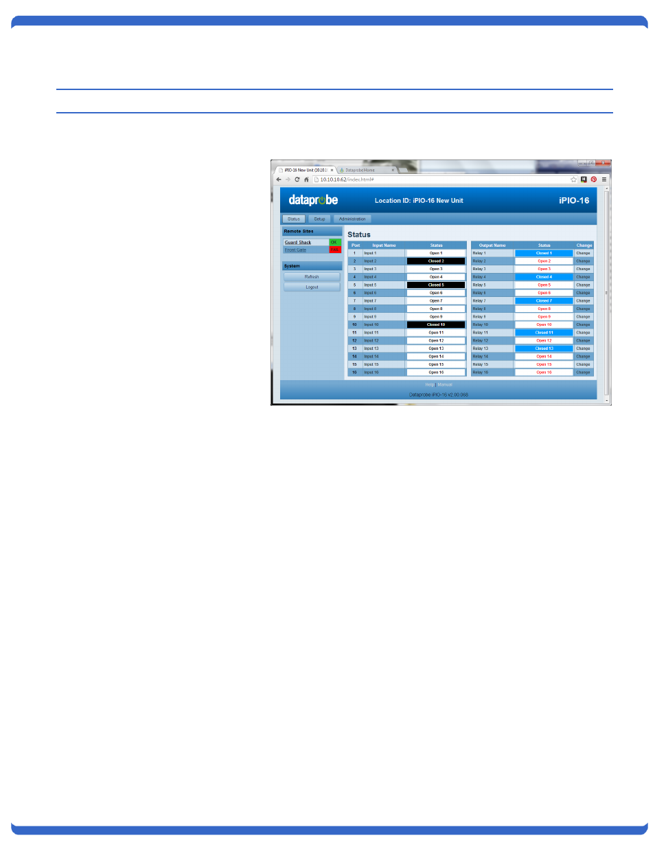 Web browser operation, Operation, Setup and administration menu bar | Dataprobe iPIO-2 Operation Manual User Manual | Page 14 / 28