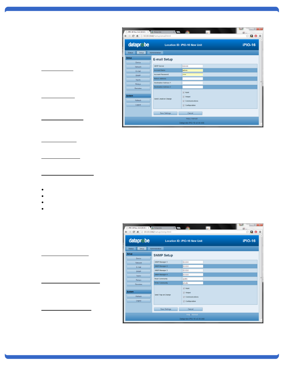 /email setup, Smtp server, Account name | Account password, Return address, Destination 1 & 2, Send email on change, /snmp setup, Snmp managers 1-4, Read & write community | Dataprobe iPIO-2 Operation Manual User Manual | Page 17 / 28