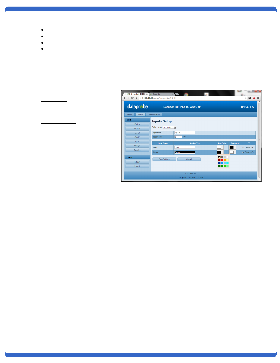 /input setup, Input name, Qualifying time | Open and closed names, Open and closed colors, Led status, Input setup | Dataprobe iPIO-2 Operation Manual User Manual | Page 18 / 28