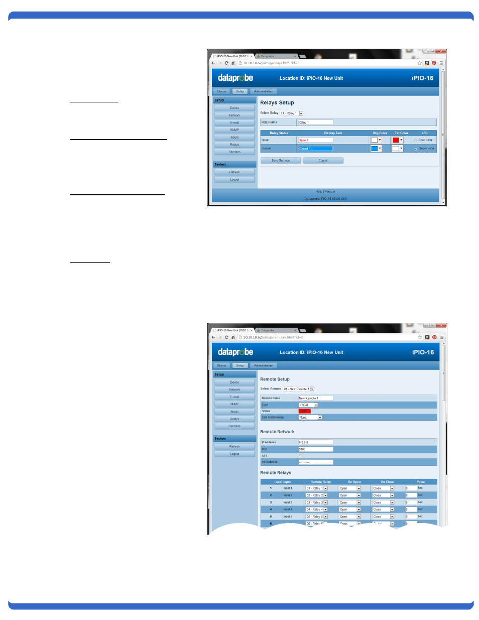/relay setup, Relay name, Open and closed names | Open and closed colors, Remote setup, Relay setup | Dataprobe iPIO-2 Operation Manual User Manual | Page 19 / 28