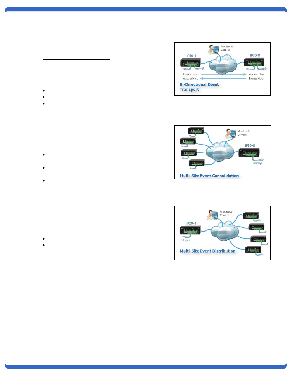 Remote setup applications, Bidirectional relay transport, Multi-site event consolidation | Application 3 multi-site event distribution | Dataprobe iPIO-2 Operation Manual User Manual | Page 21 / 28