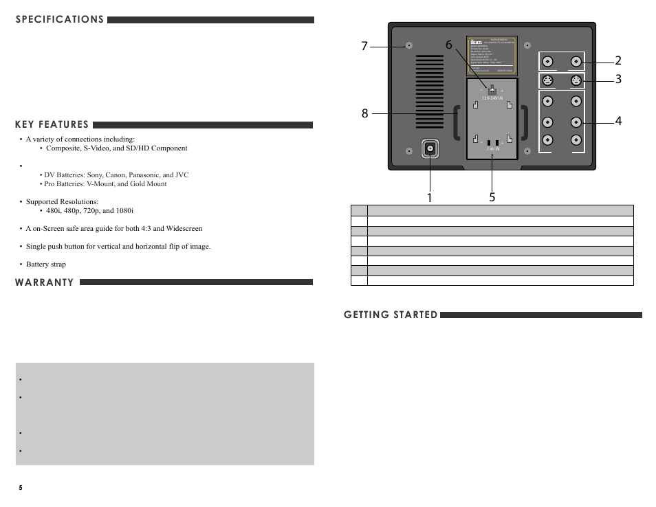 Hde_ug_3, Getting started, Key features warranty specifications | Canon V8000HDe User Manual | Page 3 / 4