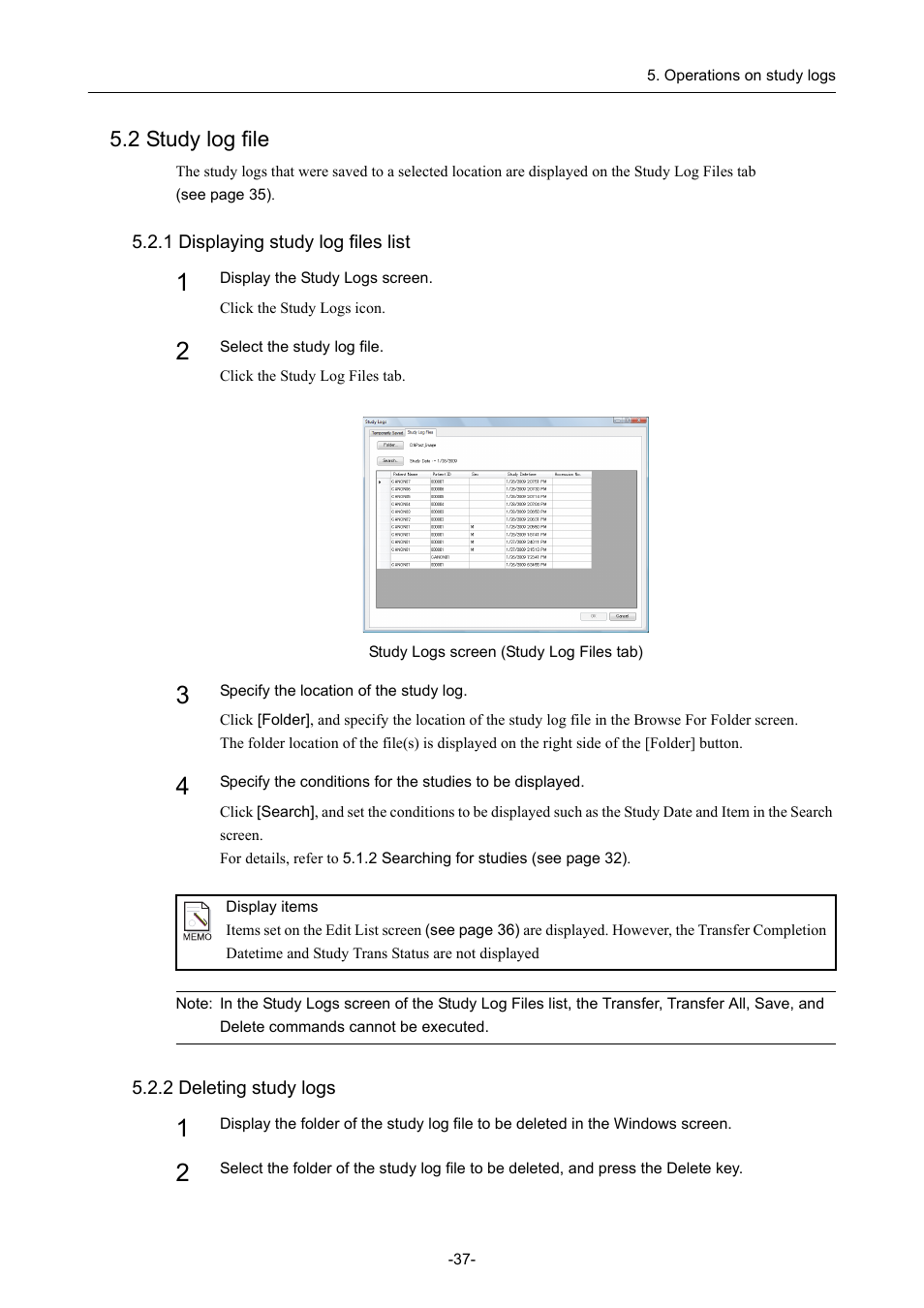 2 study log file, 1 displaying study log files list, 2 deleting study logs | Canon CR-1 MARK II User Manual | Page 45 / 138