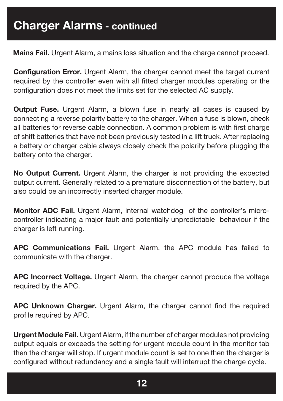 Charger alarms, Continued | DC Power Technologies FS5 - Owners Manual User Manual | Page 12 / 25