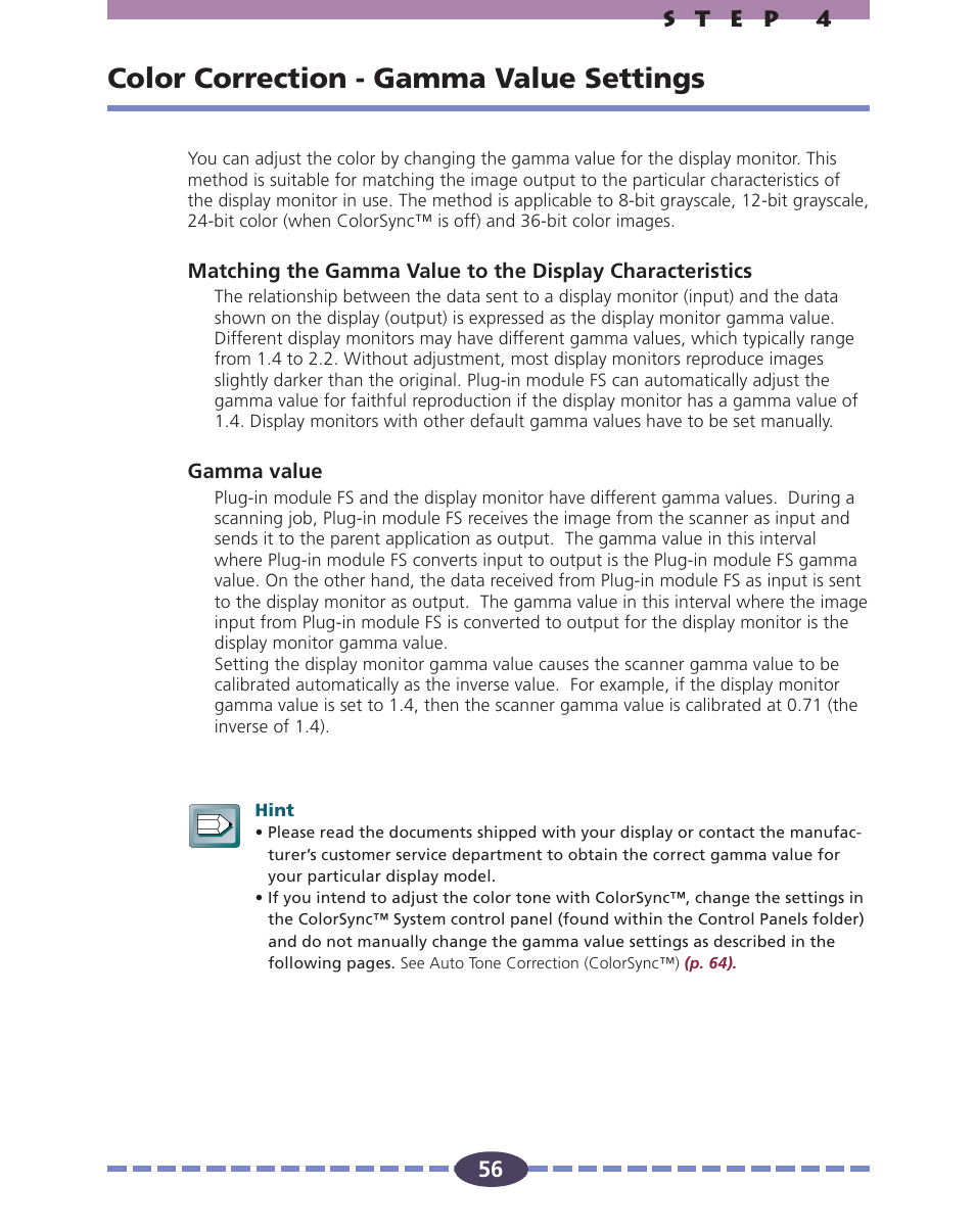 Color correction - gamma value settings, P. 56 | Canon FS 2710 User Manual | Page 56 / 80