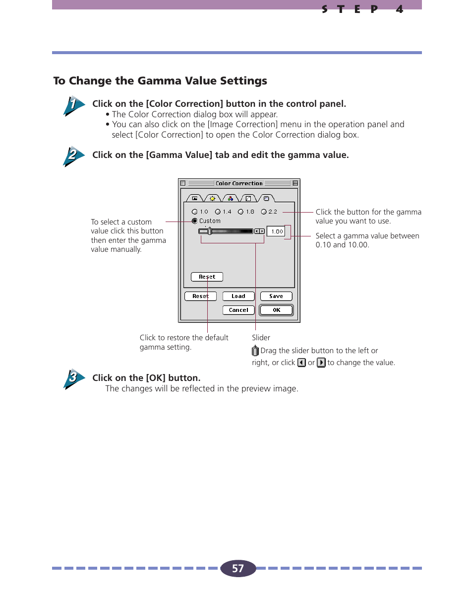 57 to change the gamma value settings | Canon FS 2710 User Manual | Page 57 / 80