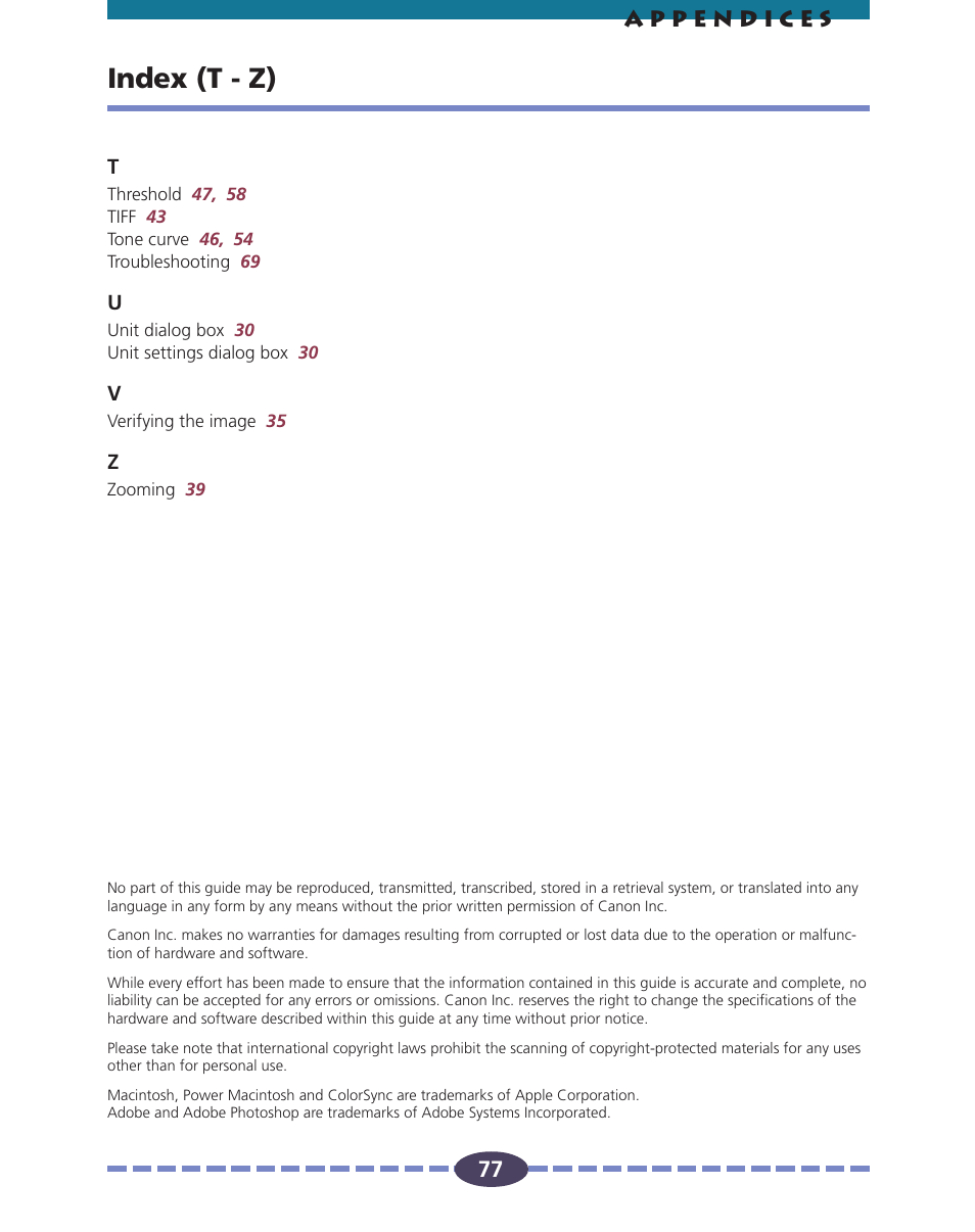 Index (t - z) | Canon FS 2710 User Manual | Page 77 / 80