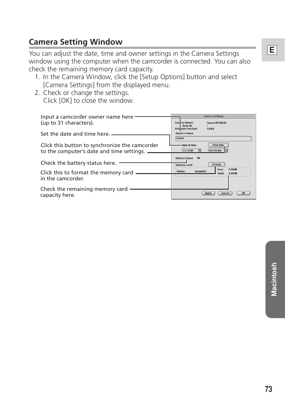 73 e, Camera setting window | Canon DIM-538 User Manual | Page 73 / 100