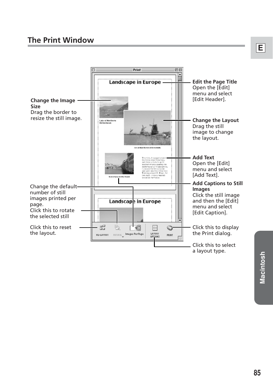 85 e, The print window | Canon DIM-538 User Manual | Page 85 / 100