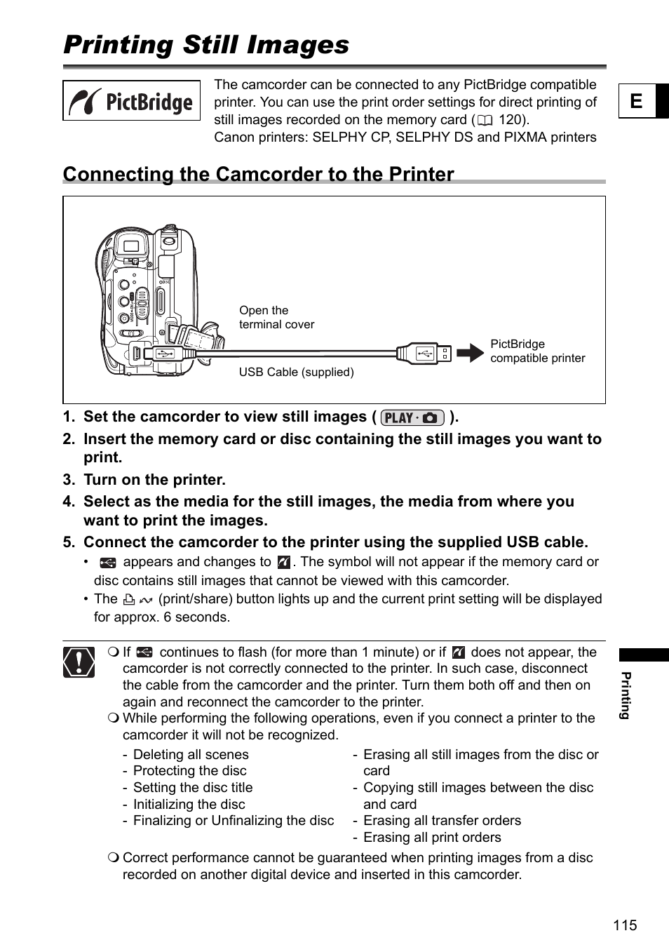 Printing, Printing still images, Connecting the camcorder to the printer | Canon DC40 User Manual | Page 115 / 144