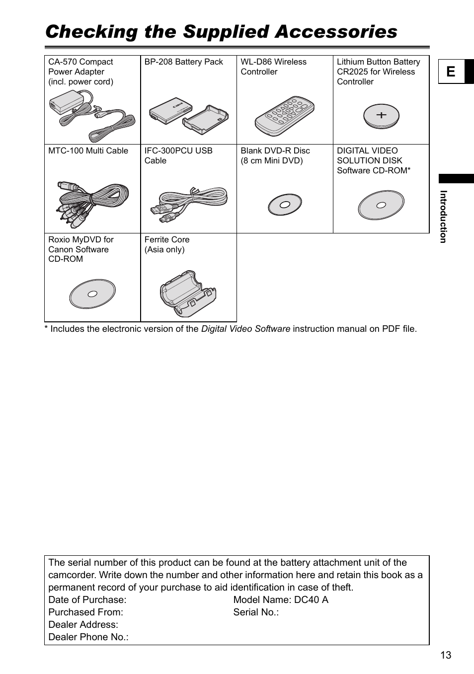 Checking the supplied accessories | Canon DC40 User Manual | Page 13 / 144