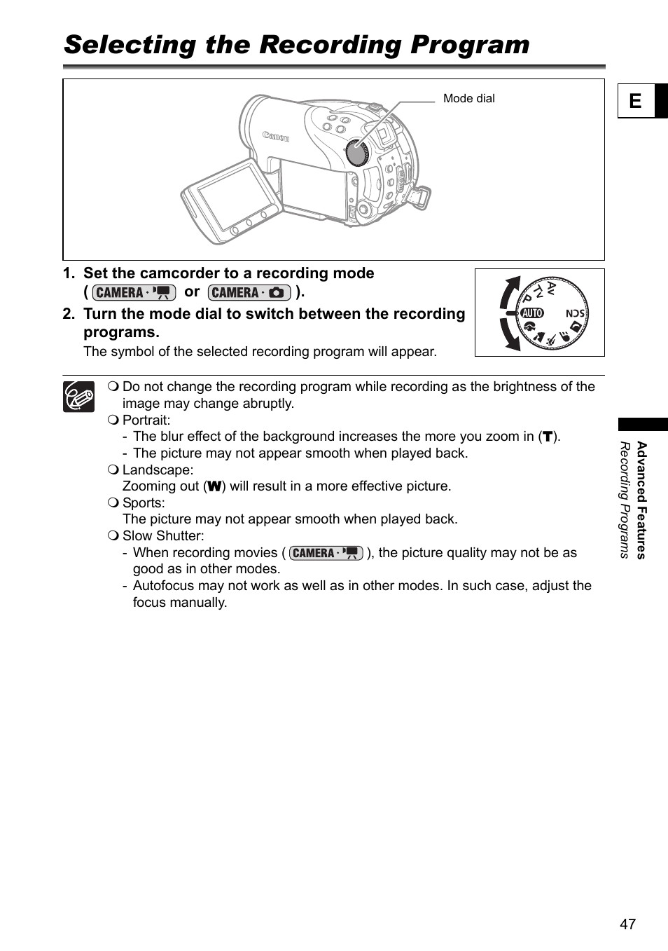 Selecting the recording program | Canon DC40 User Manual | Page 47 / 144