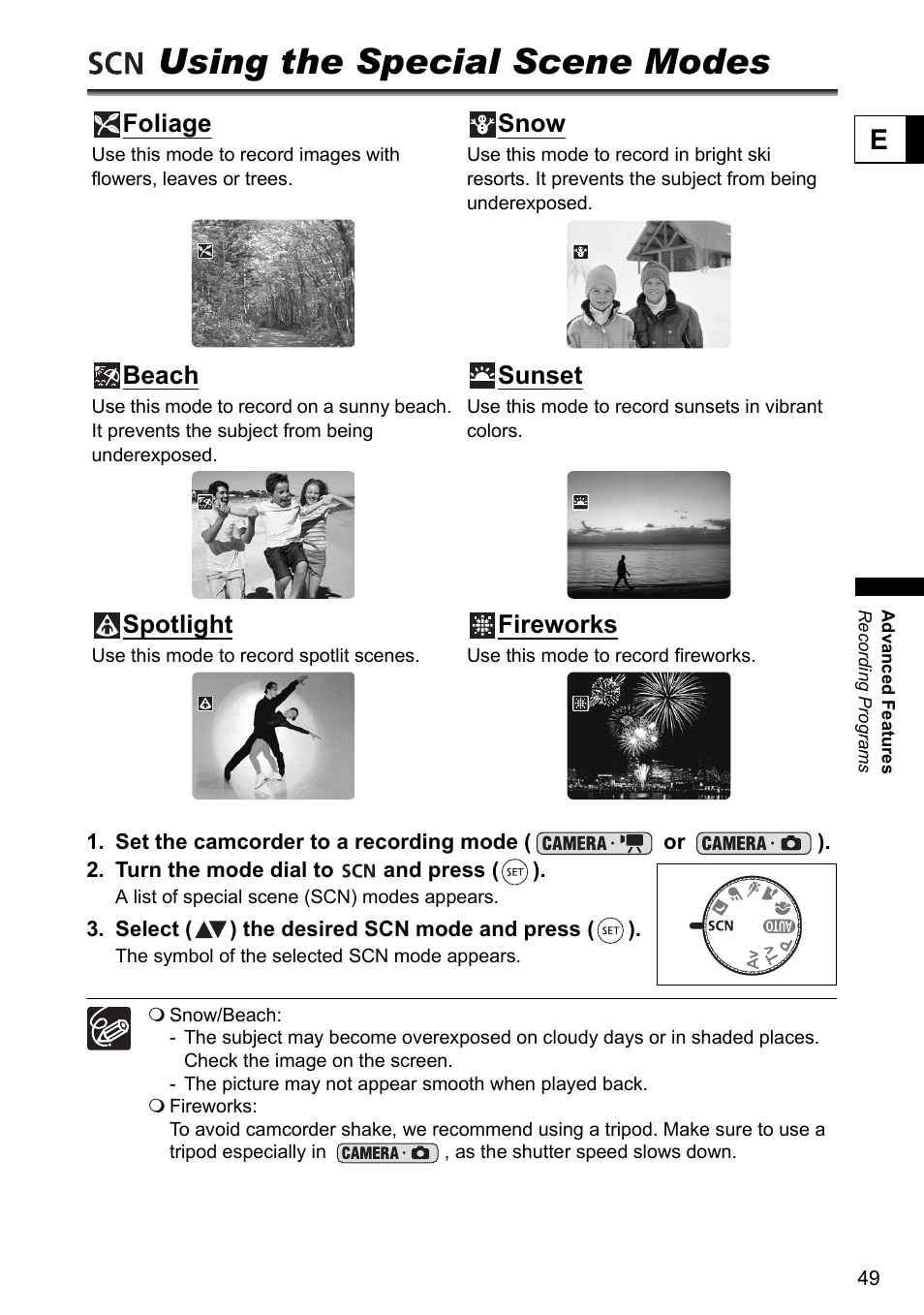 Using the special scene modes, Foliage, Snow | Beach, Sunset, Spotlight, Fireworks | Canon DC40 User Manual | Page 49 / 144