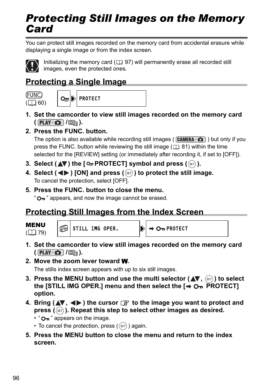 Protecting still images on the memory card, Protecting a single image, Protecting still images from the index screen | Canon DC40 User Manual | Page 96 / 144