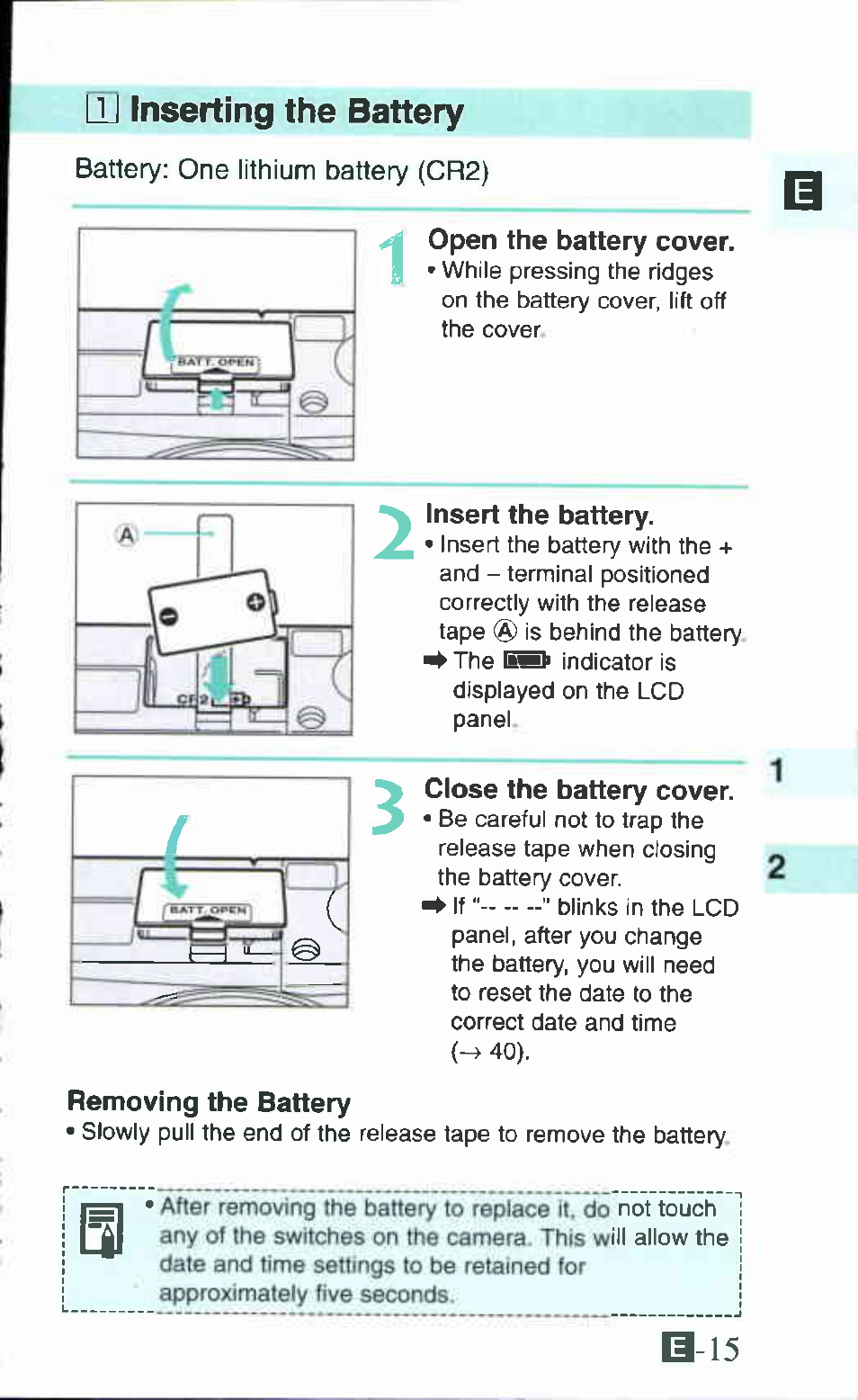 Lu inserting the battery, B 15 | Canon Ixus M 1 User Manual | Page 15 / 50