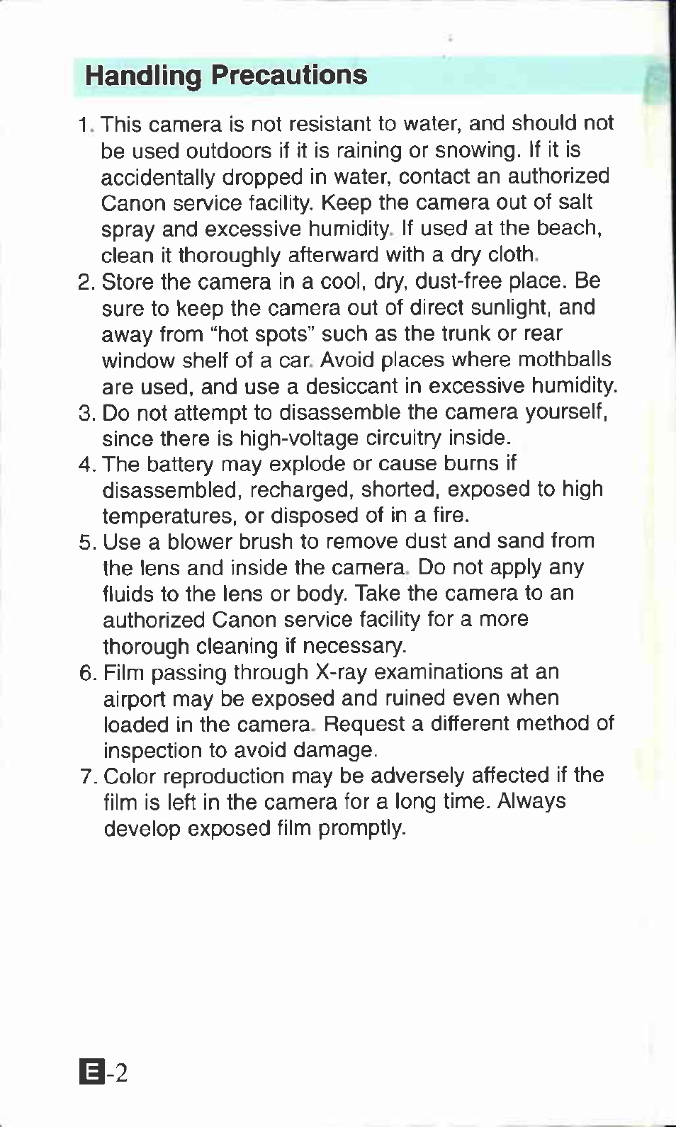 Handling precautions | Canon Ixus M 1 User Manual | Page 2 / 50